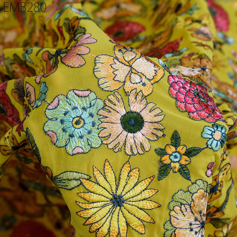 Indian Embroidered Fabric by the Yard Georgette Yellow Embroidery Sewing Curtain DIY Crafting Summer Women Dress Material Drapery Home Decor