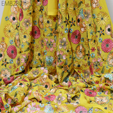 Indian Embroidered Fabric by the Yard Georgette Yellow Embroidery Sewing Curtain DIY Crafting Summer Women Dress Material Drapery Home Decor