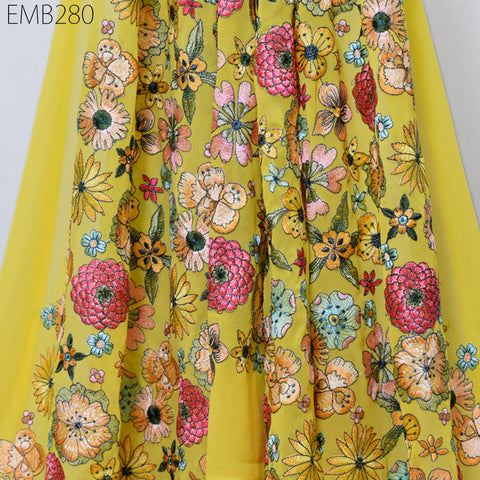Indian Embroidered Fabric by the Yard Georgette Yellow Embroidery Sewing Curtain DIY Crafting Summer Women Dress Material Drapery Home Decor