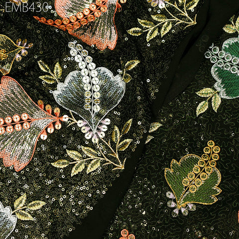Green Sequin Embroidered Georgette Fabric by Yard Indian Embroidery Wedding lehenga Bridal Dress Material Party Costumes Sewing DIY Crafting