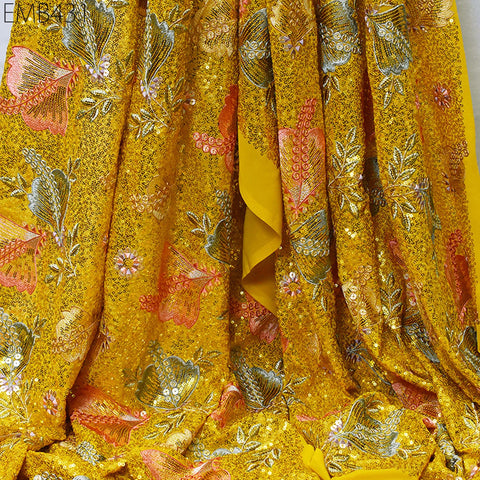 Sequin Embroidered Georgette Yellow Fabric by the Yard Indian Embroidery Wedding lehenga Bridal Dress Saree Material Costume Sewing Crafting