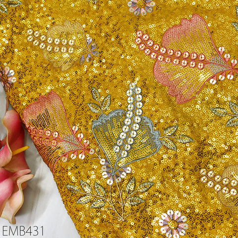 Sequin Embroidered Georgette Yellow Fabric by the Yard Indian Embroidery Wedding lehenga Bridal Dress Saree Material Costume Sewing Crafting
