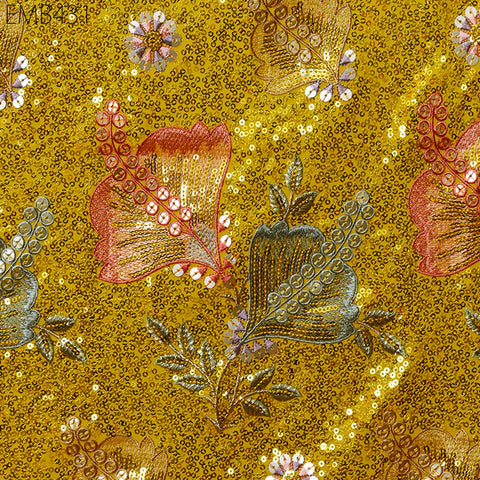 Sequin Embroidered Georgette Yellow Fabric by the Yard Indian Embroidery Wedding lehenga Bridal Dress Saree Material Costume Sewing Crafting
