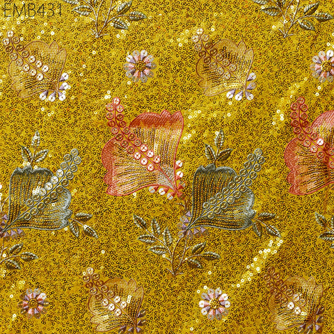 Sequin Embroidered Georgette Yellow Fabric by the Yard Indian Embroidery Wedding lehenga Bridal Dress Saree Material Costume Sewing Crafting