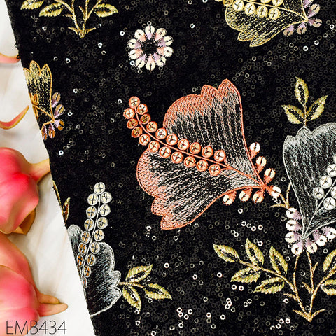 Black Sequin Embroidered Georgette Fabric by Yard Indian Embroidery Wedding lehenga Bridal Dress Material Party Costumes Sewing DIY Crafting