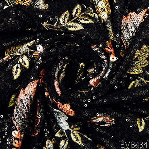 Black Sequin Embroidered Georgette Fabric by Yard Indian Embroidery Wedding lehenga Bridal Dress Material Party Costumes Sewing DIY Crafting