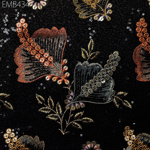 Black Sequin Embroidered Georgette Fabric by Yard Indian Embroidery Wedding lehenga Bridal Dress Material Party Costumes Sewing DIY Crafting