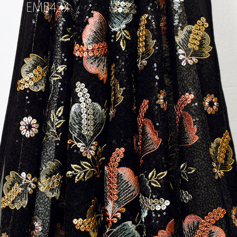 Black Sequin Embroidered Georgette Fabric by Yard Indian Embroidery Wedding lehenga Bridal Dress Material Party Costumes Sewing DIY Crafting