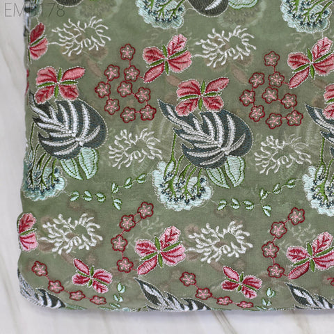 Green Indian Embroidered Fabric by the Yard Georgette Embroidery Sewing Curtain DIY Crafting Summer Women Dress Material Drapery Home Decor