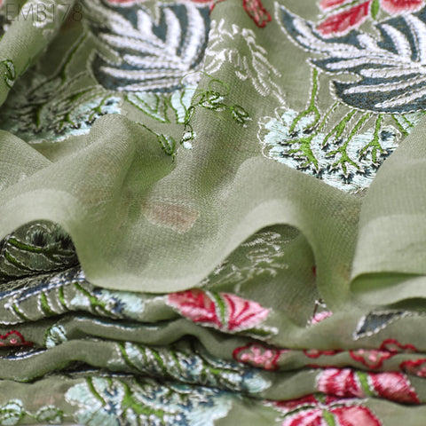 Green Indian Embroidered Fabric by the Yard Georgette Embroidery Sewing Curtain DIY Crafting Summer Women Dress Material Drapery Home Decor