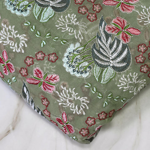 Green Indian Embroidered Fabric by the Yard Georgette Embroidery Sewing Curtain DIY Crafting Summer Women Dress Material Drapery Home Decor