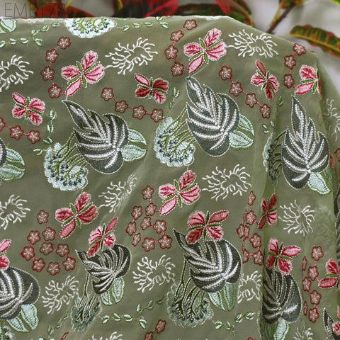 Green Indian Embroidered Fabric by the Yard Georgette Embroidery Sewing Curtain DIY Crafting Summer Women Dress Material Drapery Home Decor