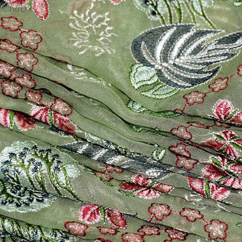 Green Indian Embroidered Fabric by the Yard Georgette Embroidery Sewing Curtain DIY Crafting Summer Women Dress Material Drapery Home Decor