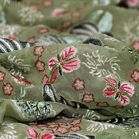 Green Indian Embroidered Fabric by the Yard Georgette Embroidery Sewing Curtain DIY Crafting Summer Women Dress Material Drapery Home Decor