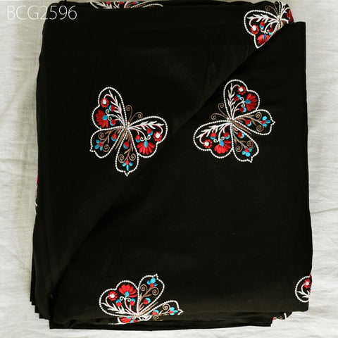 Black Indian Embroidered Cotton Fabric by the Yard Embroidery Sewing Nursery Curtain DIY Crafting Summer Kid Women Dress Material Quilting