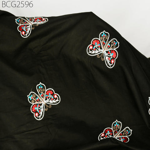 Black Indian Embroidered Cotton Fabric by the Yard Embroidery Sewing Nursery Curtain DIY Crafting Summer Kid Women Dress Material Quilting