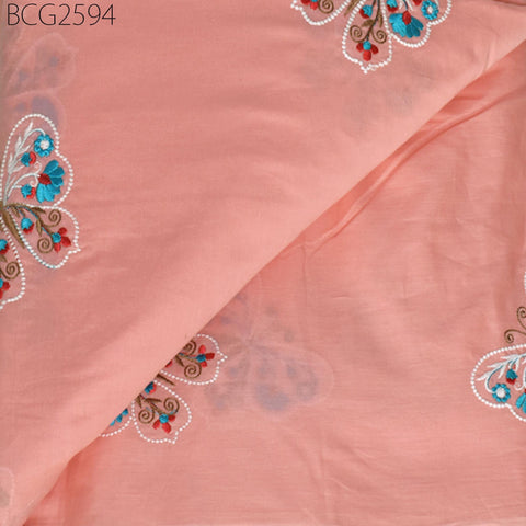 Salmon Indian Embroidered Cotton Fabric by the Yard Embroidery Sewing Nursery Curtain DIY Crafting Summer Kid Women Dress Material Quilting