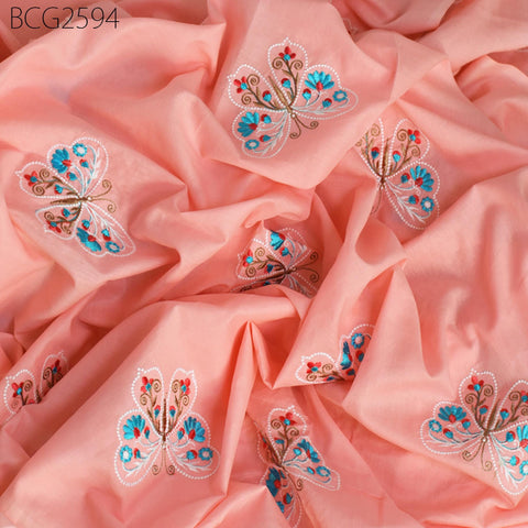 Salmon Indian Embroidered Cotton Fabric by the Yard Embroidery Sewing Nursery Curtain DIY Crafting Summer Kid Women Dress Material Quilting