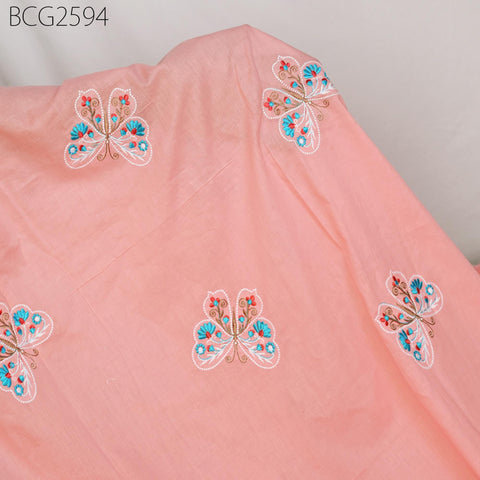 Salmon Indian Embroidered Cotton Fabric by the Yard Embroidery Sewing Nursery Curtain DIY Crafting Summer Kid Women Dress Material Quilting