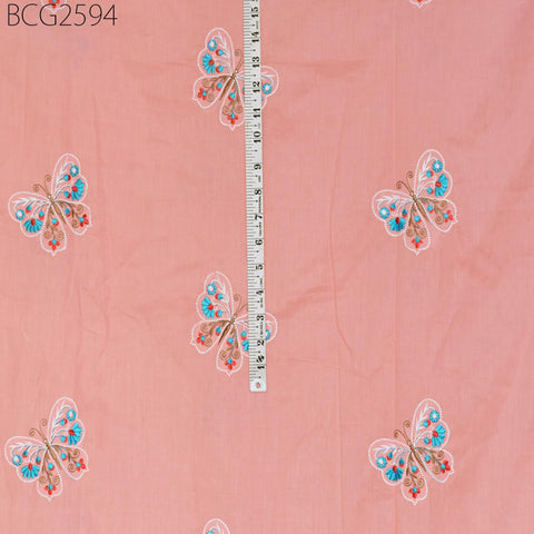 Salmon Indian Embroidered Cotton Fabric by the Yard Embroidery Sewing Nursery Curtain DIY Crafting Summer Kid Women Dress Material Quilting