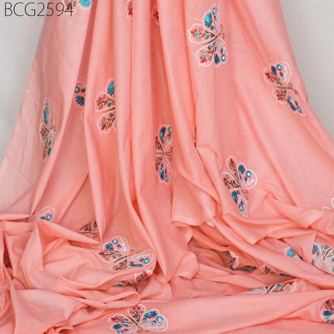 Salmon Indian Embroidered Cotton Fabric by the Yard Embroidery Sewing Nursery Curtain DIY Crafting Summer Kid Women Dress Material Quilting