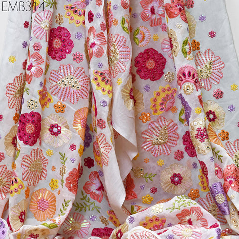 Indian Embroidered Fabric by the Yard White Georgette Embroidery Sewing Curtain DIY Crafting Summer Women Dress Material Drapery Home Decor
