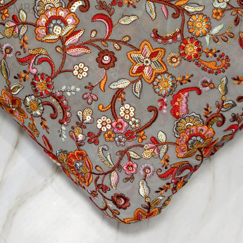 Pale Grey Georgette Embroidered Fabric by Yard Indian Embroidery Sewing Curtain DIY Crafts Summer Women Dress Material Drapery Home Decor