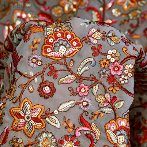 Pale Grey Georgette Embroidered Fabric by Yard Indian Embroidery Sewing Curtain DIY Crafts Summer Women Dress Material Drapery Home Decor