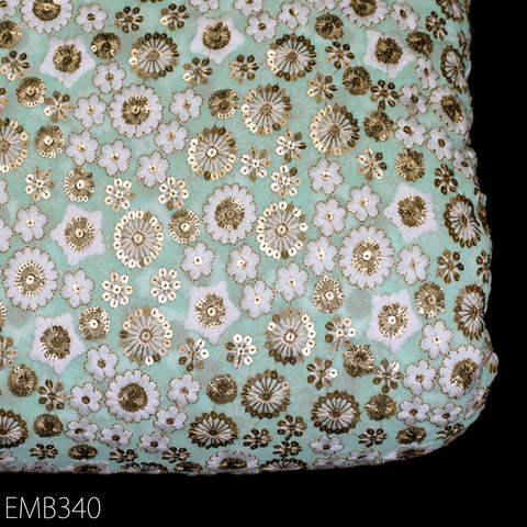 Mint Indian Embroidered Fabric by the Yard Soft Georgette Embroidery Sewing Curtain Crafting Summer Women Dress Material Drapery Home Decor