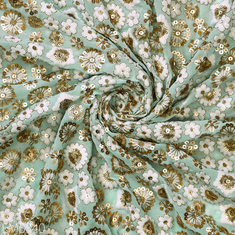 Mint Indian Embroidered Fabric by the Yard Soft Georgette Embroidery Sewing Curtain Crafting Summer Women Dress Material Drapery Home Decor