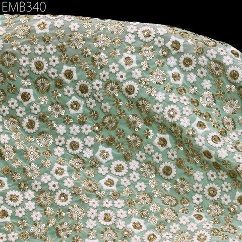 Mint Indian Embroidered Fabric by the Yard Soft Georgette Embroidery Sewing Curtain Crafting Summer Women Dress Material Drapery Home Decor