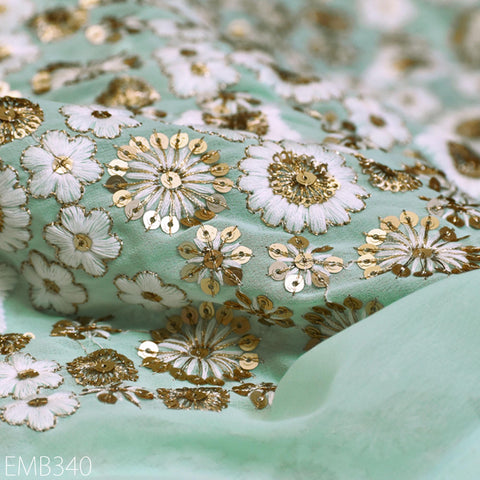 Mint Indian Embroidered Fabric by the Yard Soft Georgette Embroidery Sewing Curtain Crafting Summer Women Dress Material Drapery Home Decor