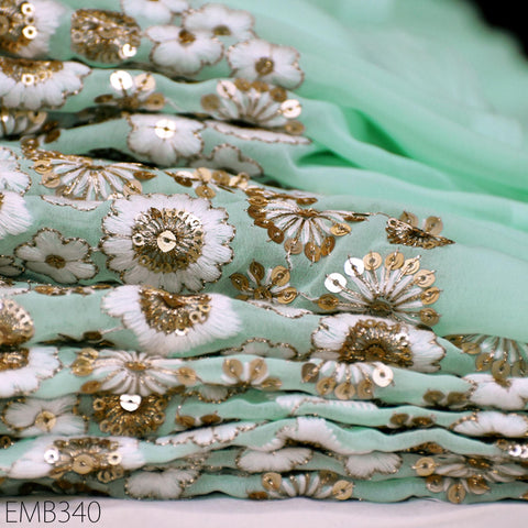 Mint Indian Embroidered Fabric by the Yard Soft Georgette Embroidery Sewing Curtain Crafting Summer Women Dress Material Drapery Home Decor