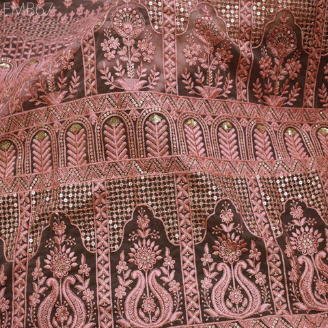Peach Sequin Net Embroidery Fabric Indian Saree Embroidered Fabric by the Yard Crafting Sewing Sequined Wedding Dress Costumes Doll Making