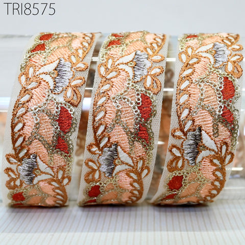 9 Yard Peach Embroidery Indian 3 CM Trim Sari Border DIY Crafting Sewing Ribbon Embroidered Decorative Costumes Curtain Home Decor Lace