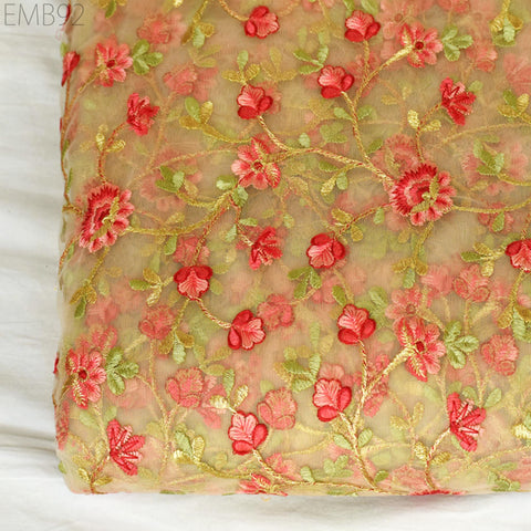 Indian Tulle Wedding Dress Embroidered Fabric Beige Floral Embroidered Fabric by the Yard Crafting Sewing Costumes Doll Making Home Decor