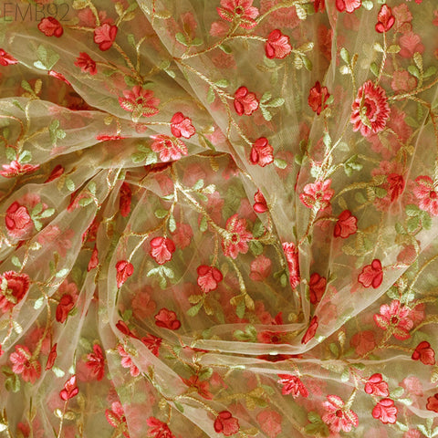 Indian Tulle Wedding Dress Embroidered Fabric Beige Floral Embroidered Fabric by the Yard Crafting Sewing Costumes Doll Making Home Decor