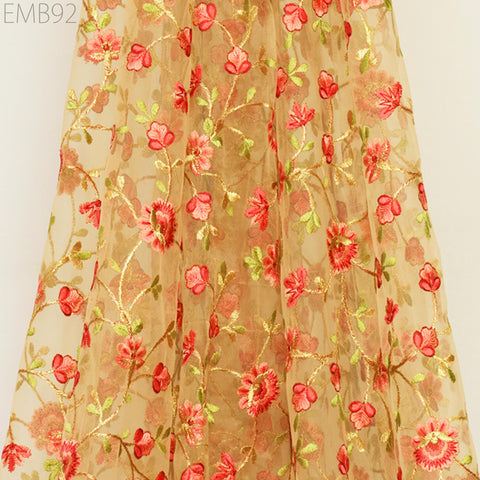 Indian Tulle Wedding Dress Embroidered Fabric Beige Floral Embroidered Fabric by the Yard Crafting Sewing Costumes Doll Making Home Decor