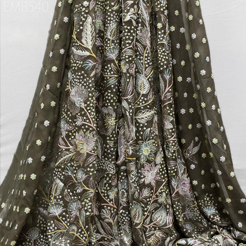 52" Taupe Beige Embroidered Georgette Fabric by Yard Indian Embroidery Sewing Summer Dress Material Drapery Bridal Lehenga Wedding Dress