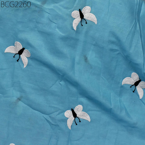 Indian Sky Blue Embroidered Cotton Fabric by the Yard Embroidery Sewing Quilting Crafting Nursery Drapery Kids Summer Dress Costumes