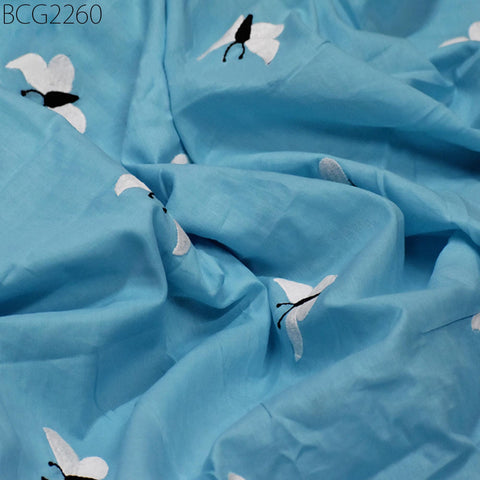 Indian Sky Blue Embroidered Cotton Fabric by the Yard Embroidery Sewing Quilting Crafting Nursery Drapery Kids Summer Dress Costumes