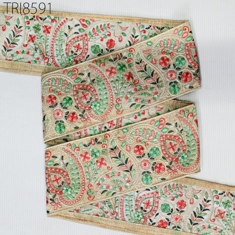9 Yard Embroidered 10CM Trim | Indian Embroidery Ribbons Laces | Sari Border Saree | DIY Crafting Beach Bag | Decorative Trimmings Tape