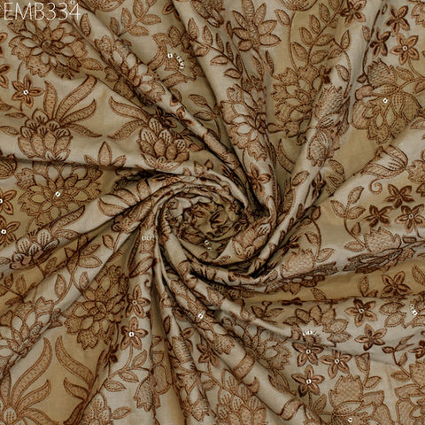 Indian Embroidered Cotton Fabric, Caramel Brown Floral Design