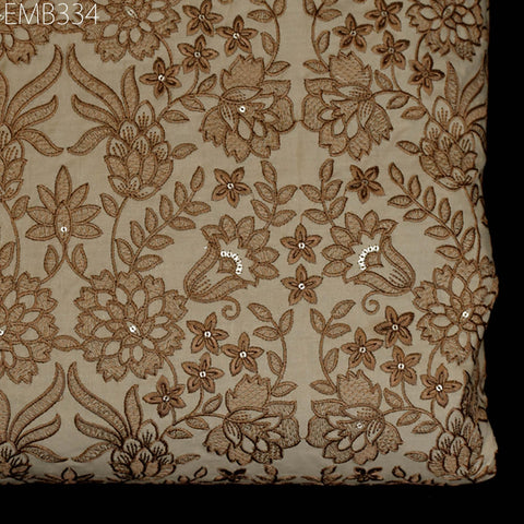 Indian Embroidered Cotton Fabric, Caramel Brown Floral Design