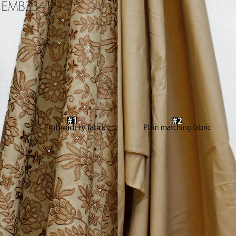 Indian Embroidered Cotton Fabric, Caramel Brown Floral Design