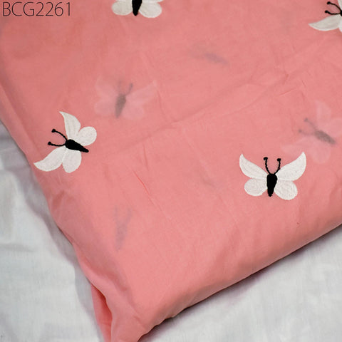 Indian Peach Pink Embroidered Cotton Fabric by the Yard Embroidery Sewing Crafting Nursery Drapery Kids Summer Dresses Skirt Pillowcases