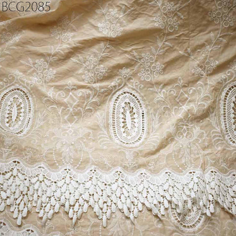 52'' Beige Embroidered Fabric for Kids Summer Evening Dresses Crafting Indian Cotton Fabric by the Yard Sewing Skirts Costumes Table Runners