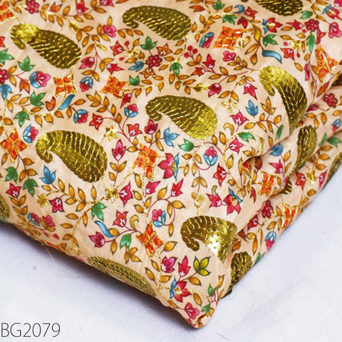 Peach Sequin Embroidery Fabric Indian Saree Embroidered Fabric by the Yard Crafting Sewing Sequined Wedding Dress Costumes Doll Making