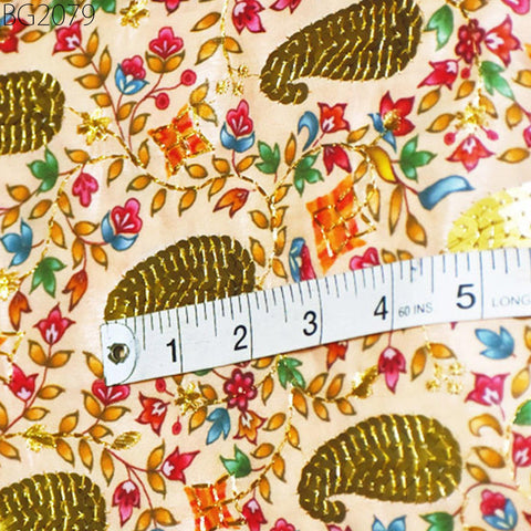 Peach Sequin Embroidery Fabric Indian Saree Embroidered Fabric by the Yard Crafting Sewing Sequined Wedding Dress Costumes Doll Making