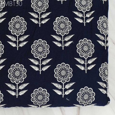 Floral Embroidered Cotton Fabric, Indian Sewing Fabric, Midnight Blue